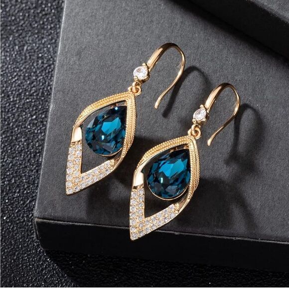 14K Yellow Gold with London Blue Topaz Austrian Crystal Leaf Teardrop Earrings - Picture 3 of 7